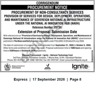 Newspaper clipping: Ignite Corrigendum — Extension for Proposal Submission: Sovereign National AI Infrastructure (Ref: P57167), Express, 17 Sep 2026