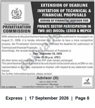 Newspaper clipping: Privatisation Commission Extends Deadline for Financial Advisor Proposals — LESCO & MEPCO (Sep 28, 2026), Express, 17 Sep 2026