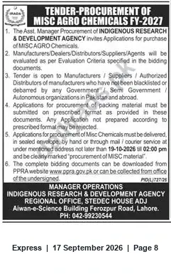 Newspaper clipping: Tender: Procurement of Misc Agro Chemicals FY-2027 — Indigenous Research & Development Agency, Lahore, Express, 17 Sep 2026