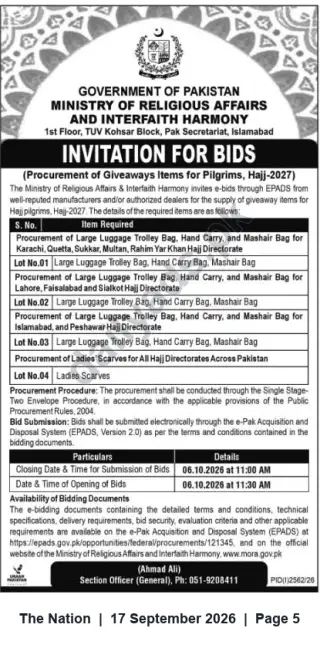 Newspaper clipping: Ministry of Religious Affairs (Islamabad) — Invitation for Bids: Giveaways for Hajj‑2027 (Bags & Ladies' Scarves), The Nation, 17 Sep 2026