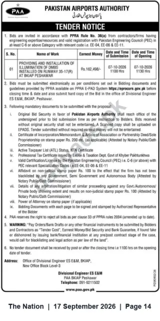 Newspaper clipping: PAA Tender: Installation of Runway DBMS Illumination at BKIAP Peshawar — Bid Closing 2026-10-07, The Nation, 17 Sep 2026