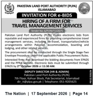 Newspaper clipping: PLPA Invitation for e-Bids: Hiring Travel Management Firm (Tender No. 6/PLPA/09/2026), The Nation, 17 Sep 2026