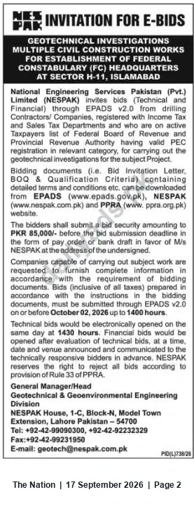 Newspaper clipping: NESPAK Invitation for E-Bids: Geotechnical Investigations for FC Headquarters, Sector H-11 Islamabad, The Nation, 17 Sep 2026