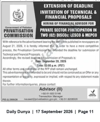Newspaper clipping: Privatisation Commission: Extended Deadline for Financial Advisor Proposals for LESCO & MEPCO, Dunya, 17 Sep 2026