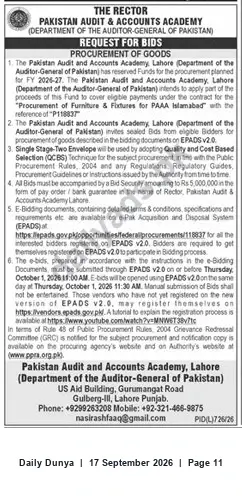 Newspaper clipping: Procurement of Furniture & Fixtures for PAAA Islamabad — Tender (Ref: P118837), Dunya, 17 Sep 2026