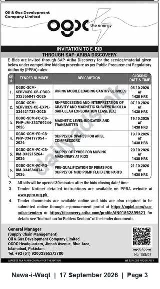 Newspaper clipping: OGDCL Invitation to E-Bid (Multiple Packages) — Closing Oct 5–21, 2026, Nawa-i-Waqt, 17 Sep 2026