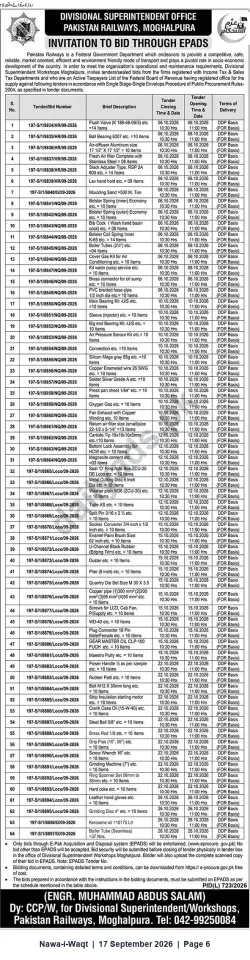 Newspaper clipping: Pakistan Railways Moghalpura — Invitation to Bid via ePADS for 64 Supply Lots (Closing 2026-10-26), Nawa-i-Waqt, 17 Sep 2026