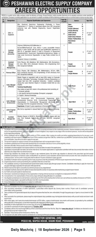 Newspaper clipping: PESCO Career Opportunities – Multiple Engineering & Managerial Vacancies, Daily Mashriq, 18 Sep 2026