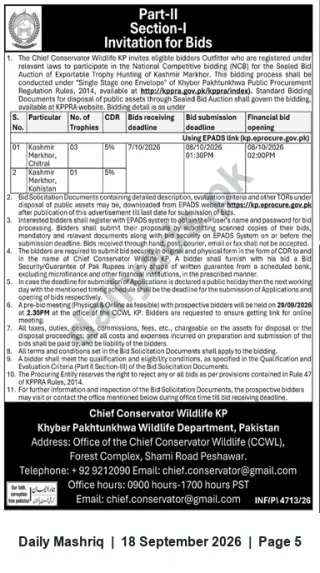 Newspaper clipping: Khyber Pakhtunkhwa Wildlife Department — Sealed Bid Auction for Kashmir Markhor Trophies (Chitral & Kohistan), Daily Mashriq, 18 Sep 2026