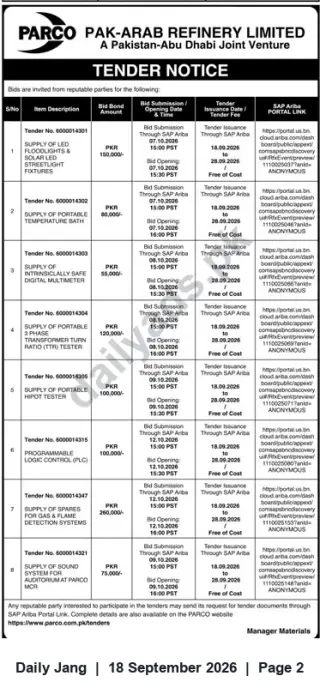 Newspaper clipping: PARCO Tender Notice (18 Sep 2020) – Supply Tenders for LED Floodlights, Testers, PLC, Spares & Audio System, Jang, 18 Sep 2026