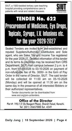 Newspaper clipping: SIUT Tender No. 622 — Procurement of Medicines, Eye Drops, Topicals, Syrups & IV Infusions (2026-2027), Jang, 18 Sep 2026