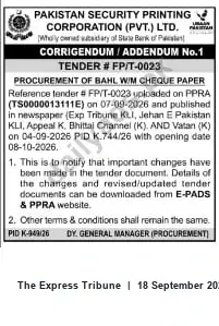Newspaper clipping: Corrigendum No.1 — Tender FP/T-0023 for Procurement of BAHL W/M Cheque Paper, The Express Tribune, 18 Sep 2026