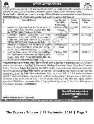 Newspaper clipping: OFWM Deputy Director Agriculture Ziarat: Tenders for Solar Bores & Irrigation Works (2026-27), The Express Tribune, 18 Sep 2026