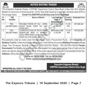 Newspaper clipping: Tender: Road Works in District Dera Bugti — Executive Engineer (Roads), CWPP&H, The Express Tribune, 18 Sep 2026