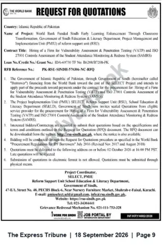 Newspaper clipping: RFQ: VAPT & ISO 27001 Controls Assessment for Student Attendance Monitoring & Redress System (SAMRS) — SELECT Project, Sindh, The Express Tribune, 18 Sep 2026