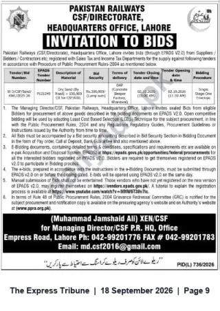 Newspaper clipping: Pakistan Railways (CSF) Lahore — Invitation to Bid for Dry Sand Supply, The Express Tribune, 18 Sep 2026
