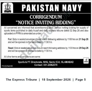 Newspaper clipping: Pakistan Navy Corrigendum: Bid Deadline Extended for Supply of Sports Items, The Express Tribune, 18 Sep 2026