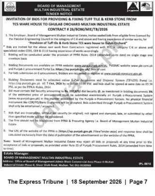 Newspaper clipping: Tender: Supply & Fixing of Tuff Tiles and Kerb Stones — Multan Industrial Estate, The Express Tribune, 18 Sep 2026