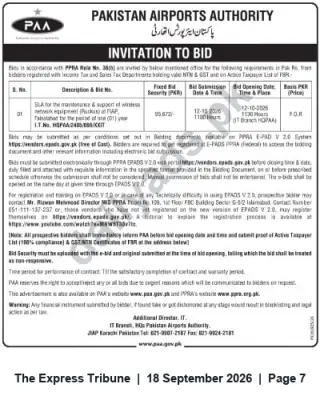 Newspaper clipping: Pakistan Airports Authority Invitation to Bid — SLA for Wireless Network Equipment Support at Faisalabad, The Express Tribune, 18 Sep 2026