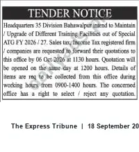 Newspaper clipping: Tender: Maintenance & Upgrade of Training Facilities — Headquarters 35 Division Bahawalpur, The Express Tribune, 18 Sep 2026