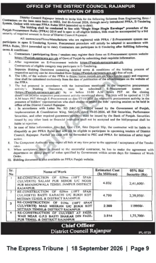 Newspaper clipping: District Council Rajanpur Invitation to Bids — Reconstruction of Culverts and Minor Works, The Express Tribune, 18 Sep 2026