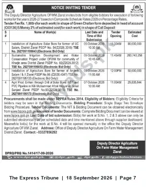 Newspaper clipping: Tender: OFWM Ziarat — Solar Bore Installations & Irrigation/Irrigation Conservation Works (2026-27), The Express Tribune, 18 Sep 2026