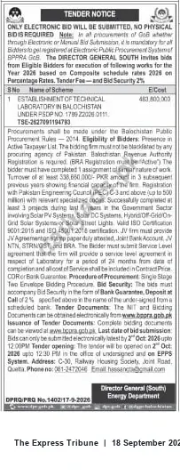 Newspaper clipping: Tender: Establishment of Technical Laboratory in Balochistan (PSDP No. 1789), The Express Tribune, 18 Sep 2026