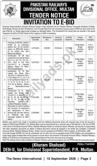 Newspaper clipping: Pakistan Railways Multan Division — Invitation to E-Bid for Construction & Renovation Works, The News International, 18 Sep 2026