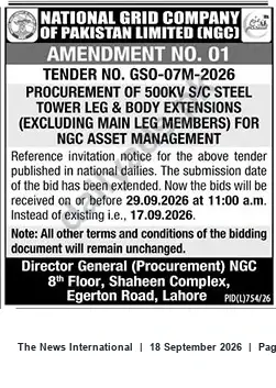 Newspaper clipping: NGC Amendment No.1 — Tender GSO-07M-2026: 500kV S/C Steel Tower Leg & Body Extensions (Bid Deadline 2026-09-29), The News International, 18 Sep 2026