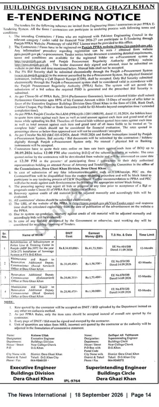Newspaper clipping: E-Tender Notice — Buildings Division, Dera Ghazi Khan (Multiple Rehabilitation & Repair Works), The News International, 18 Sep 2026