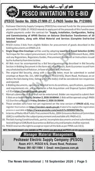 Newspaper clipping: PESCO E‑Bid: Supply, Installation & Commissioning of Devices for 10 Selected Feeders — Tender No. 2026-27/MM-27 (E-PADS P123886), The News International, 18 Sep 2026