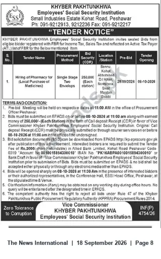 Newspaper clipping: KP Employees' Social Security Institution Tender: Hiring of Pharmacies for Local Purchase of Medicines (Multiple Stations), The News International, 18 Sep 2026