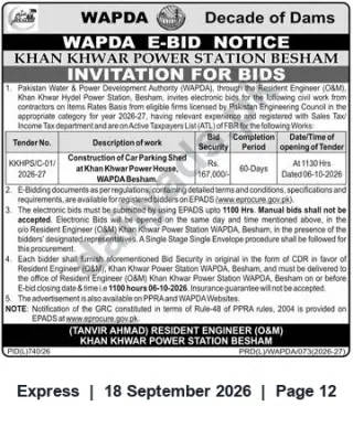 Newspaper clipping: WAPDA E-Bid: Construction of Car Parking Shed at Khan Khwar Power House, Besham (Tender KKHPS/C-01), Express, 18 Sep 2026