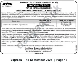 Newspaper clipping: PCAA Tender: Procurement of IT Support Services (Ref. HOPCAA/ADMIN/2026/019), Express, 18 Sep 2026