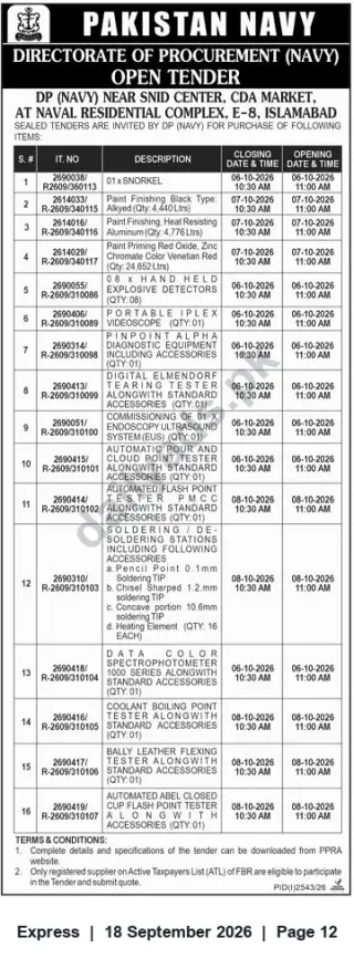 Newspaper clipping: Pakistan Navy Directorate of Procurement — Open Tender for Equipment & Supplies (Islamabad), Express, 18 Sep 2026
