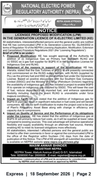 Newspaper clipping: NEPRA Notice: K-Electric Proposed Modification to BQPS‑III Fuel Supply (Indigenous Gas & SSGC) — Public Comments Invited, Express, 18 Sep 2026
