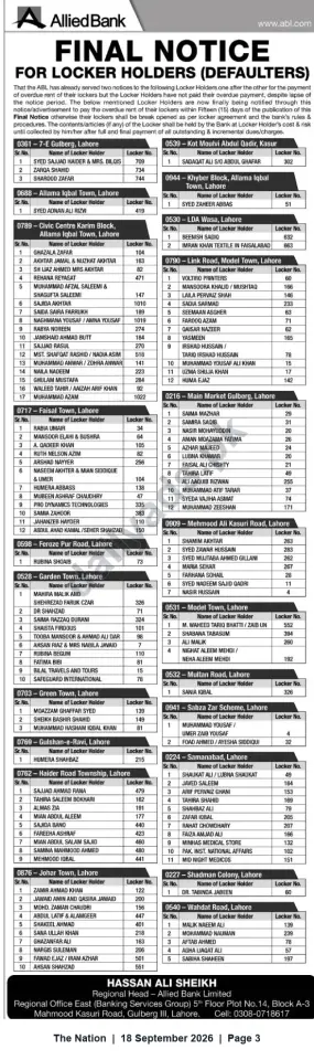 Newspaper clipping: Final Notice to Locker Holders (Defaulters) — Allied Bank Limited, Lahore, The Nation, 18 Sep 2026