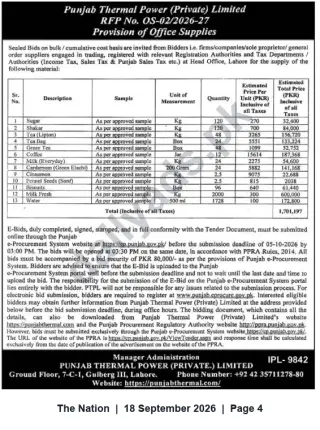 Newspaper clipping: Punjab Thermal Power RFP OS-02/2026-27 — Supply of Office Pantry & Consumables (E-Bid), The Nation, 18 Sep 2026
