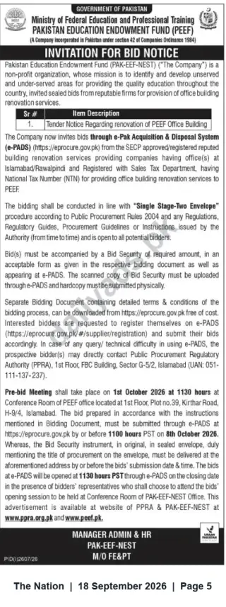 Newspaper clipping: PEEF Invitation for Bids — Renovation of PEEF Office Building (Islamabad), The Nation, 18 Sep 2026