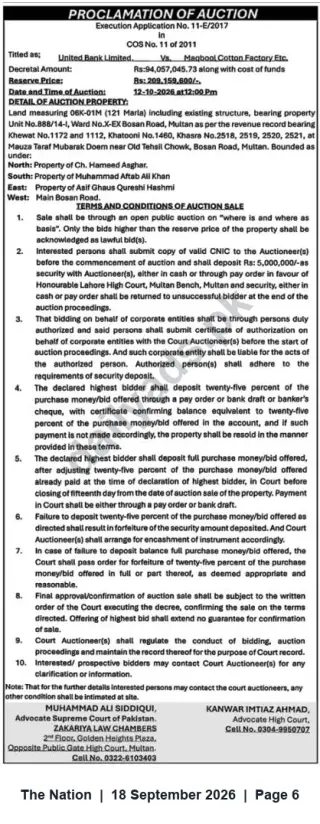 Newspaper clipping: Court Auction: 121 Marla Property on Bosan Road, Multan – Auction 2026-10-12, The Nation, 18 Sep 2026