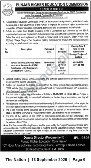 Newspaper clipping: Tender for Group Health Insurance Services for PHEC Employees (FY 2026-27) – Punjab HEC, The Nation, 18 Sep 2026