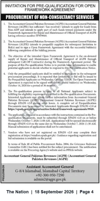 Newspaper clipping: AGPR Pre-Qualification Notice: Framework Agreement for Repair & Maintenance of Official Transport (FW9949), The Nation, 18 Sep 2026