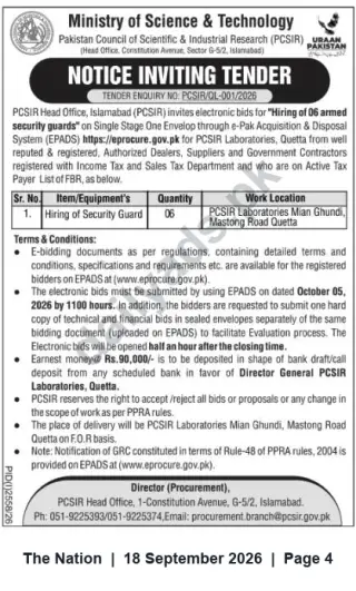 Newspaper clipping: PCSIR Tender: Hiring of 06 Armed Security Guards for Quetta Laboratories (Tender No. PCSIR/QL-001/2026), The Nation, 18 Sep 2026