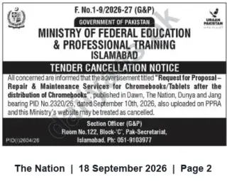 Newspaper clipping: Tender Cancellation: Repair & Maintenance Services for Chromebooks/Tablets — Ministry of Federal Education, Islamabad, The Nation, 18 Sep 2026