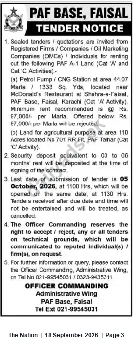 Newspaper clipping: PAF Base Faisal Tender: Rent Petrol Pump/CNG Site in Karachi (44.07 Marla) & 110-Acre Agricultural Land at Talhar, The Nation, 18 Sep 2026