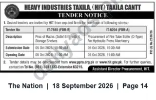 Newspaper clipping: HIT Taxila Tender Notice – Procurement of Racks and Fire Tube Boiler (05 Oct 2026), The Nation, 18 Sep 2026