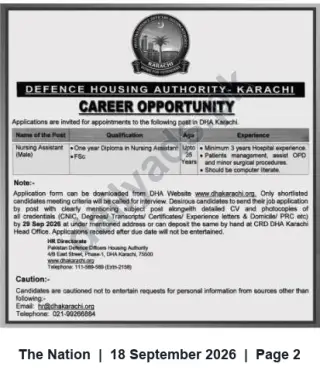 Newspaper clipping: DHA Karachi Recruitment: Nursing Assistant (Male) – Apply by 2026-09-29, The Nation, 18 Sep 2026