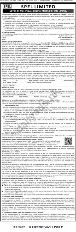 Newspaper clipping: SPEL Limited — Notice of 44th Annual General Meeting in Lahore on 2026-10-09, The Nation, 18 Sep 2026