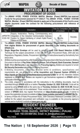 Newspaper clipping: WAPDA Jinnah Hydel Power Station — Invitation to Bid for Industrial Communication Gateway System, The Nation, 18 Sep 2026