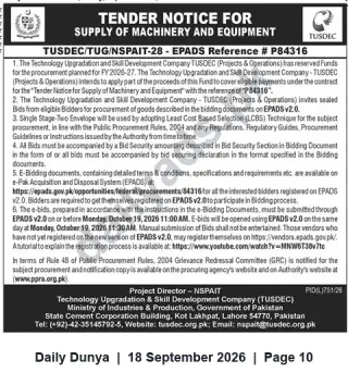 Newspaper clipping: Tender Notice: Supply of Machinery & Equipment (EPADS Ref P84316) - TUSDEC, Dunya, 18 Sep 2026
